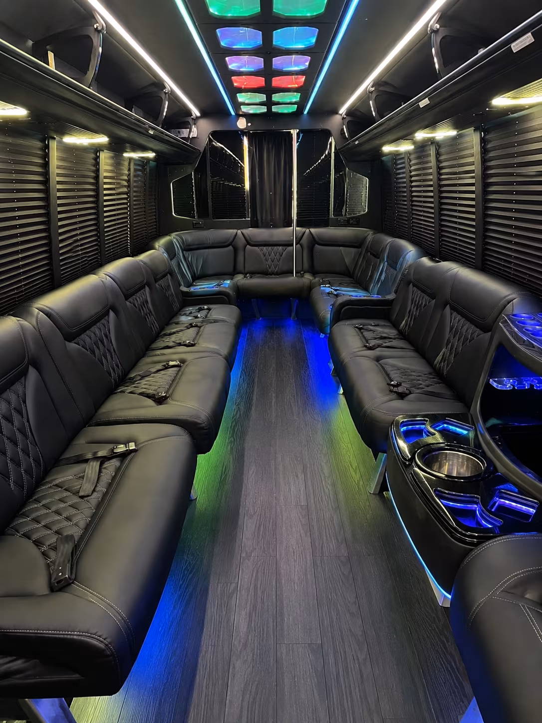 Wraparound seating inside a party bus rental serving Boston